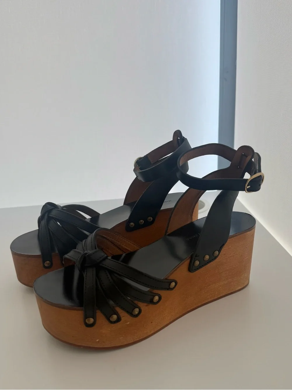 Isabel Marant Étoile Black Leather Wooden Platform Wedge Sandals Ankle Strap
